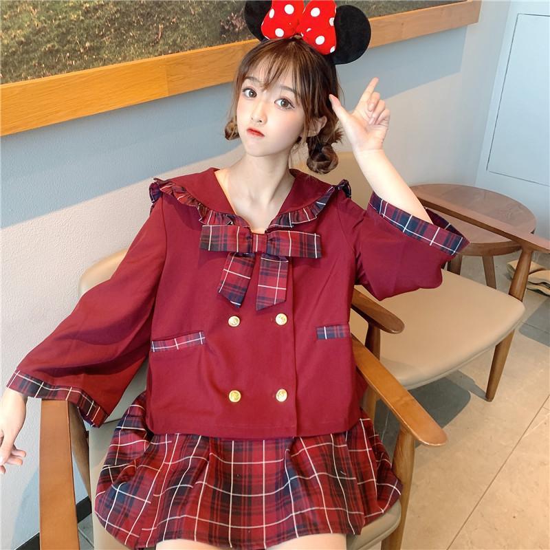 Vintage Double-breasted Sailor Collar Red Plaid Tops - Kawaiifashion