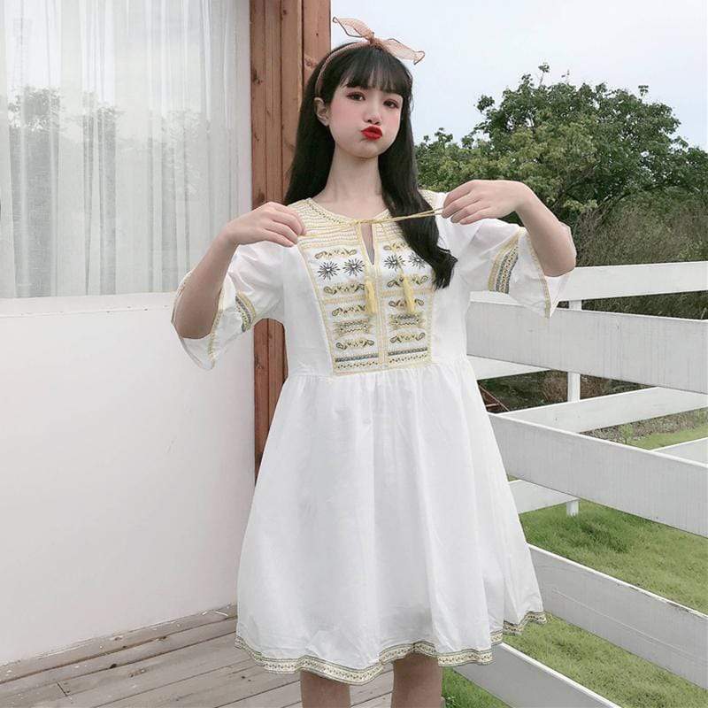 Платье с расклешенными рукавами и винтажным узором-Kawaiifashion