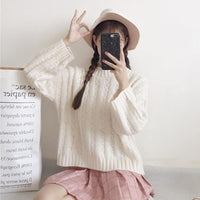 Vintage Round Collar Cable-Knit Sweater - Kawaiifashion