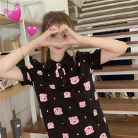 Kawaii Piggy Printed Shirt Dress-Kawaiifashion