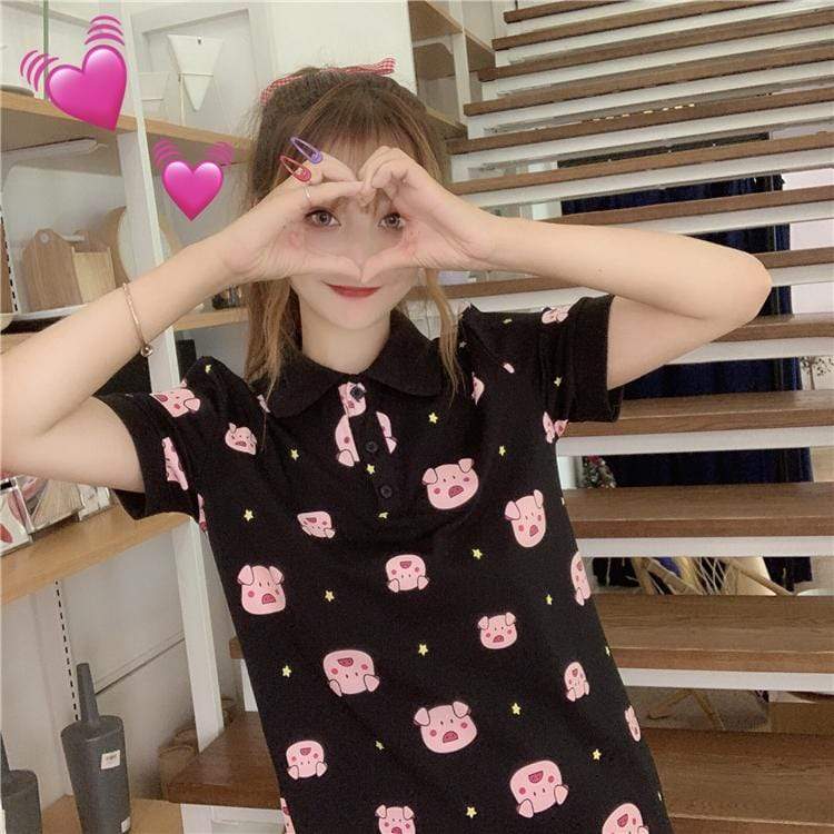 Kawaii Piggy Printed Shirt Dress-Kawaiifashion