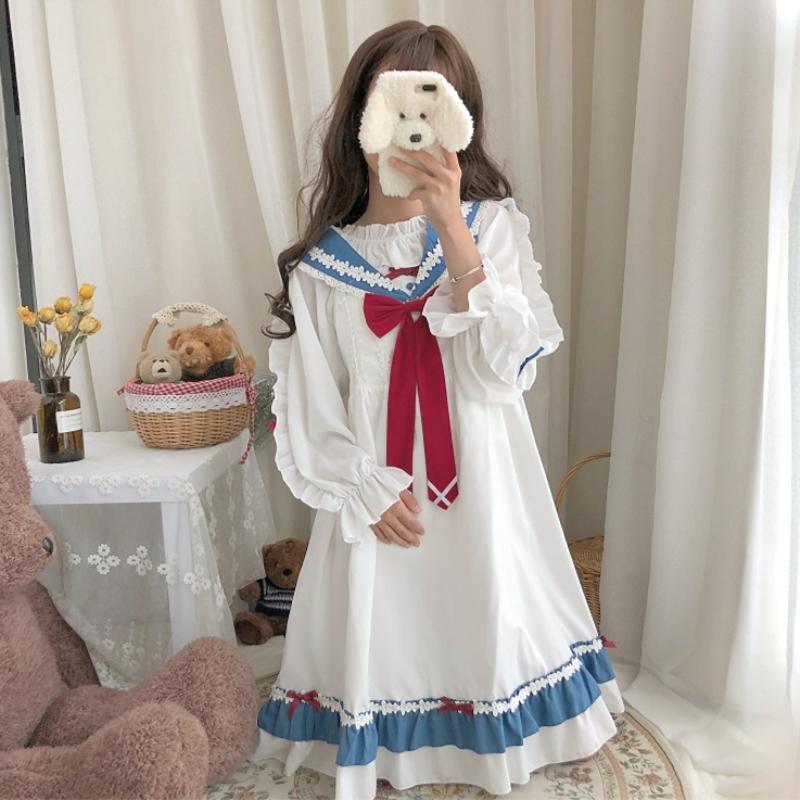Lolita Bowknot Flare Sleeves Navy Style Dress - Kawaiifashion