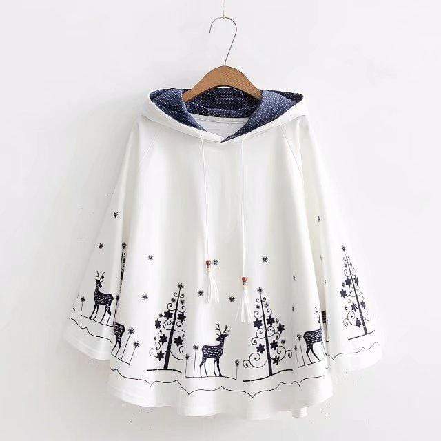 Kawaiifashion white Women's Casual Deers And Trees Printed Contrast Color Cape Blazers