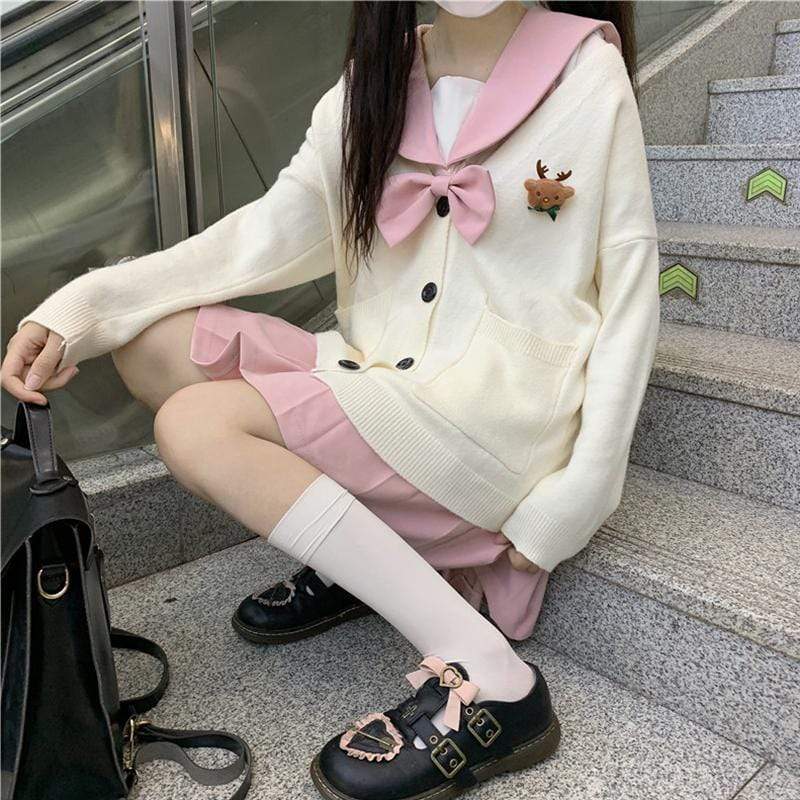 Women's Kawaii Single-breasted Pure Color Cardigans With Pink Collor Shirt And Deer Brooch