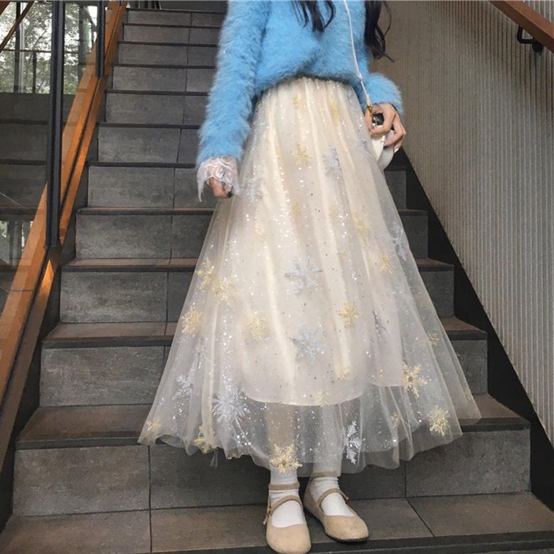 Kawaiifashion faldas largas blancas de moda coreana con lentejuelas de copo de nieve para mujer