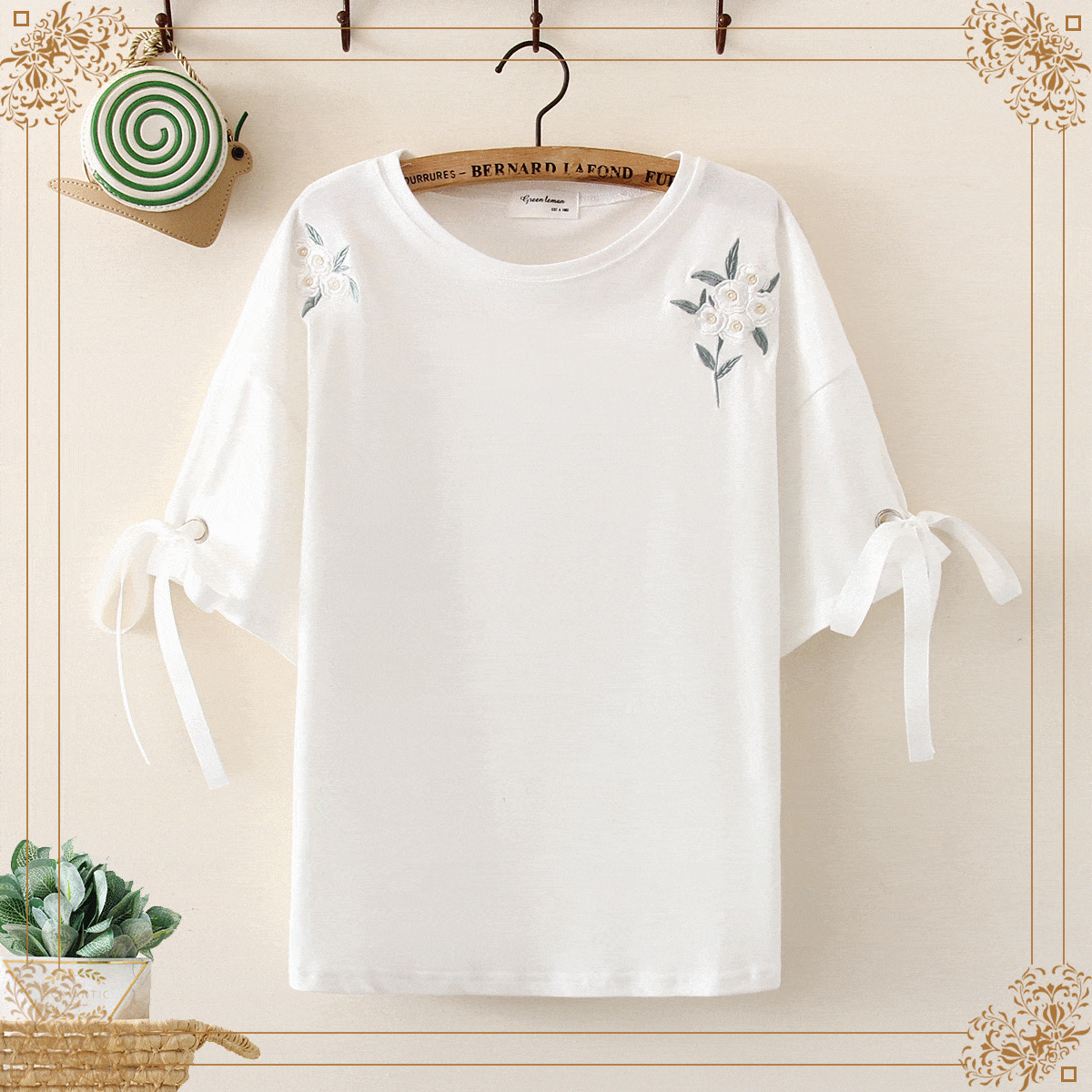 Kawaiifashion white Women's Sweet Floral Lace-up Sleeved Tees