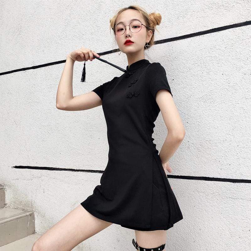 Schwarzes Cheongsam-Kleid für Damen mit Shorts – Kawaiifashion