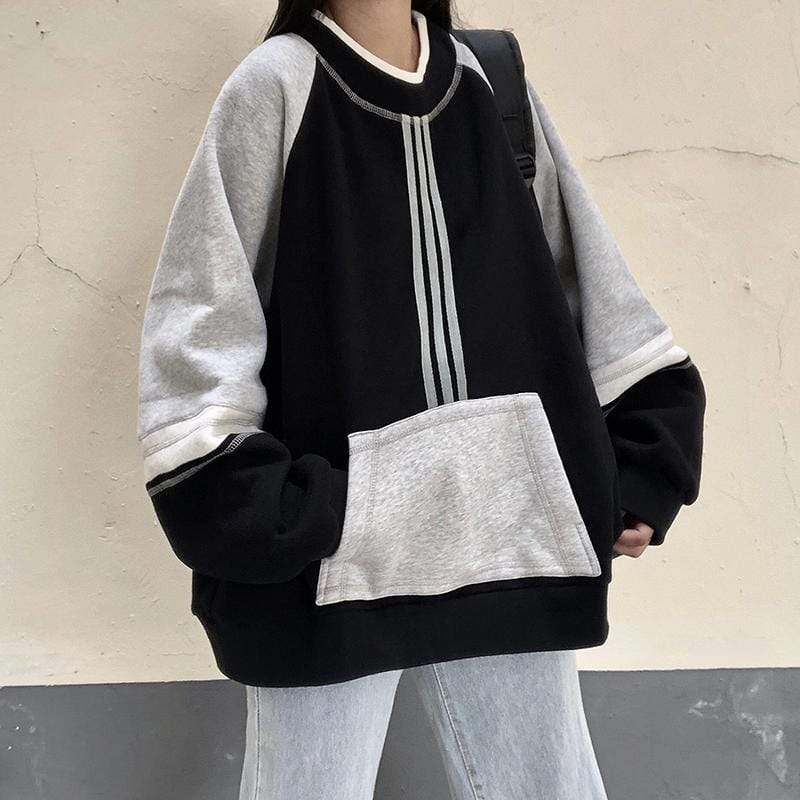 Damen-Sweatshirts im Boyfriend-Stil mit rundem Kragen in Kontrastfarbe – Kawaiifashion