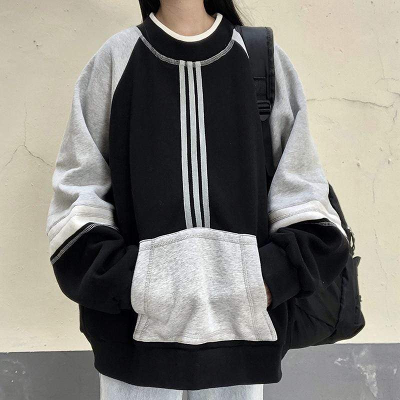 Damen-Sweatshirts im Boyfriend-Stil mit rundem Kragen in Kontrastfarbe – Kawaiifashion