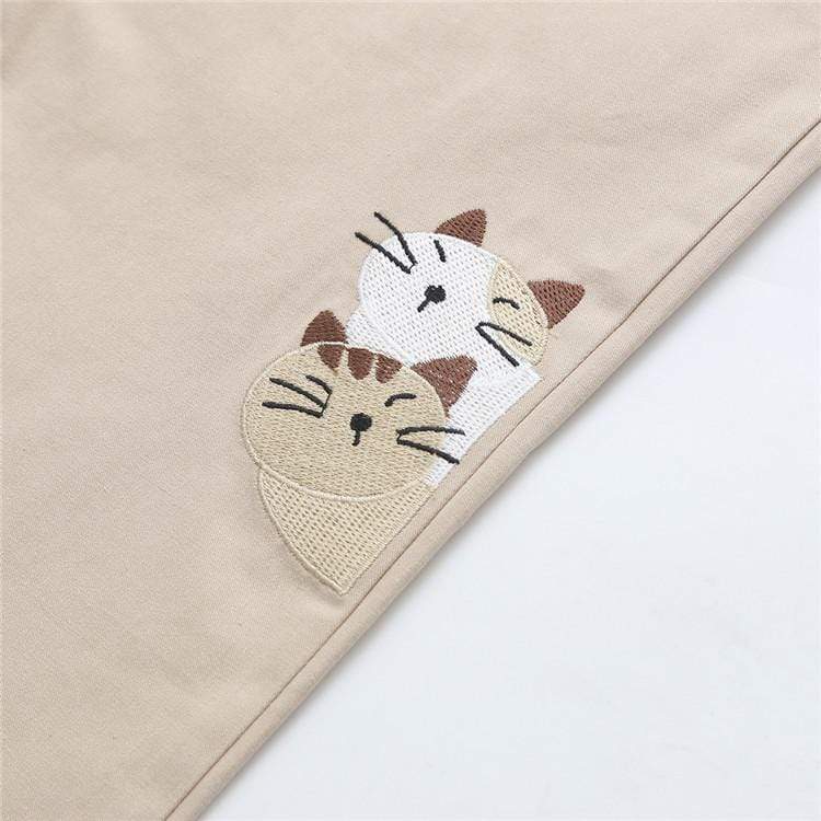 Kawaiifashion Women's Casual Cats Embroidered Pure Color Pants 
