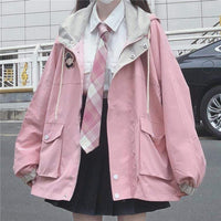 Kawaiifashion Abrigos casuales con capucha de color en contraste para mujer con dos bolsillos