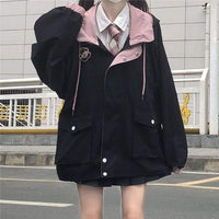 Kawaiifashion Abrigos casuales con capucha de color en contraste para mujer con dos bolsillos