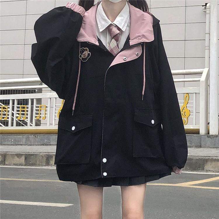 Kawaiifashion Manteaux à capuche décontractés de couleur contrastée pour femmes avec deux poches