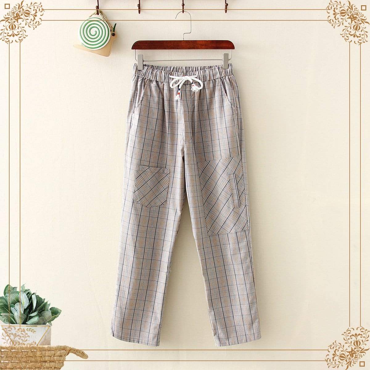 Kawaiifashion Women's Casual Contrast Color Plaid Elastic Straight Pants With Two Pockets