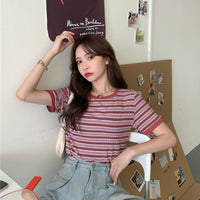 Women's Casual Contrast Color Striped T-shirts-Kawaiifashion