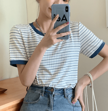 Women's Casual Contrast Color Striped T-shirts-Kawaiifashion