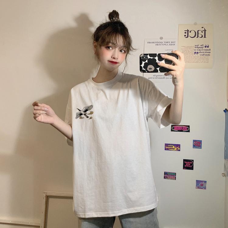 Women's Casual Crane Embroidered T-shirts-Kawaiifashion