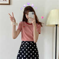 Women's Casual Heart Embroidered Contrast Color T-shirts-Kawaiifashion