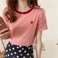 Camisetas informales de color en contraste con bordado de corazón para mujer-Kawaiifashion