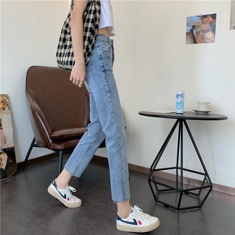 Женские повседневные джинсовые брюки с прямым вырезом и прямыми штанинами-Kawaiifashion