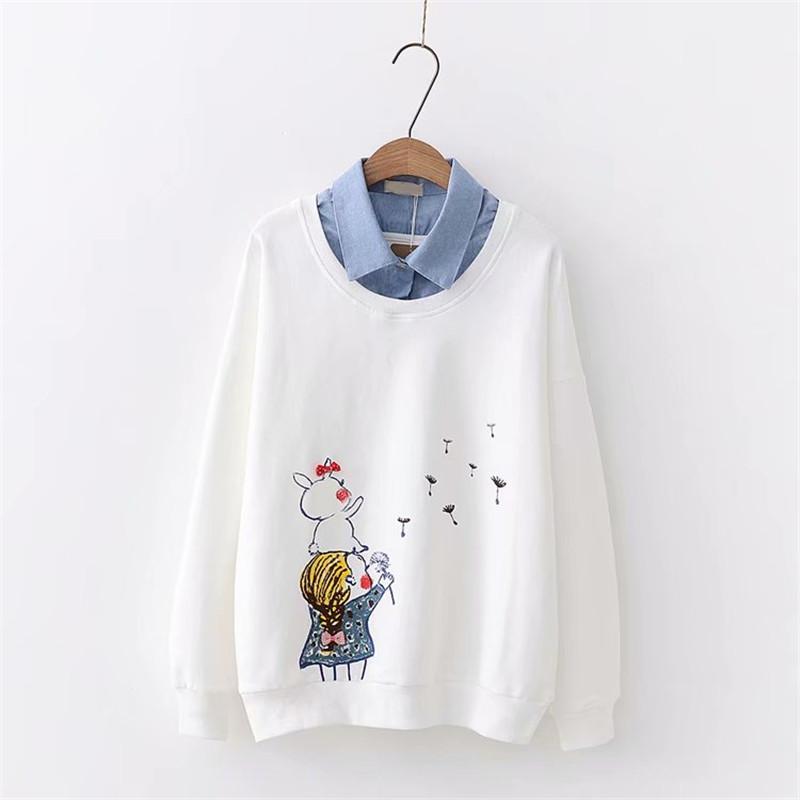 Kawaiifashion Women's Casual Little Girl And Rabbit Printed Sweaters Splicing Shirts