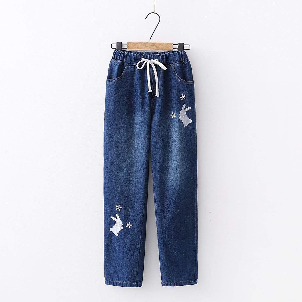 Kawaiifashion Women's Casual Rabbit Embroidered Elastic Straight Jeans 