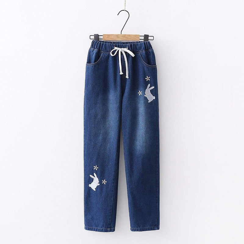 Kawaiifashion Women's Casual Rabbit Embroidered Elastic Straight Jeans 