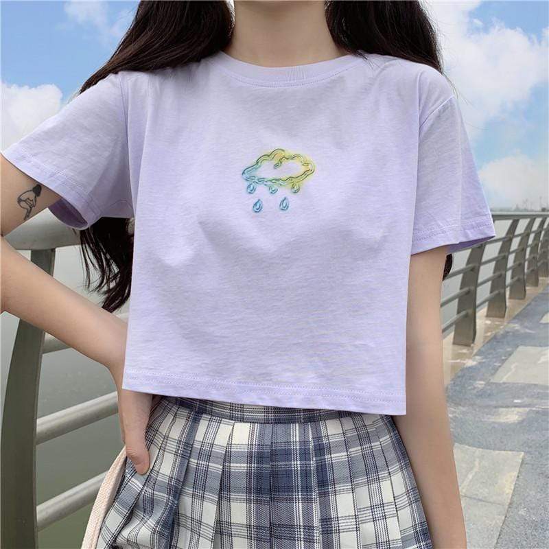 Women's Casual Rain Printed Round Collar T-Shirts-Kawaiifashion