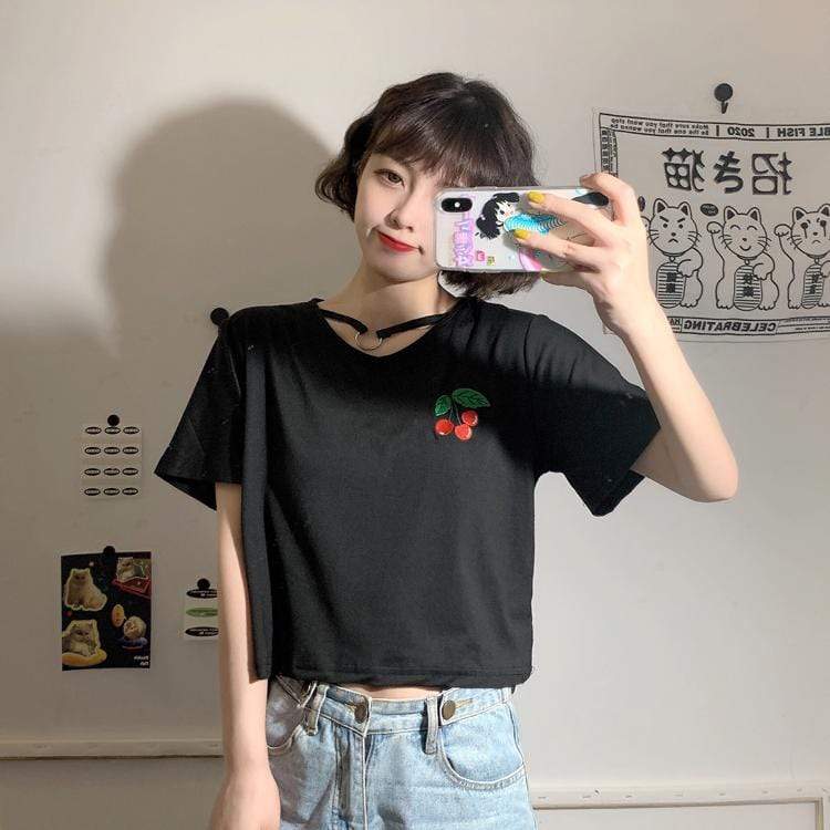 Women's Casual Ring Cherry Printed T-shirts-Kawaiifashion