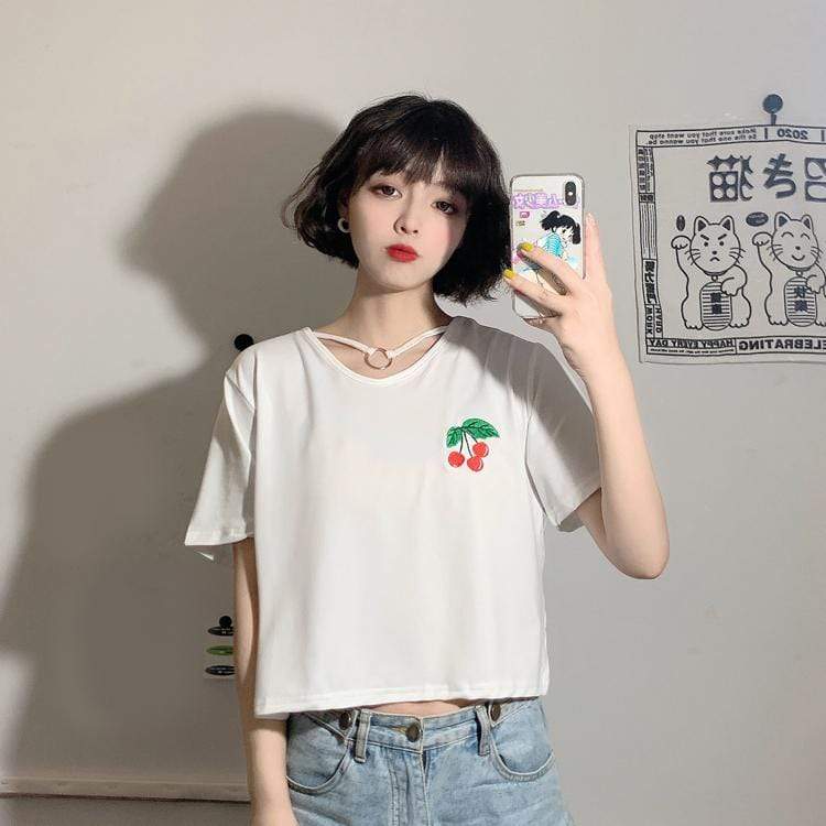 T-shirt stampate ciliegia con anello casual da donna-Kawaiifashion