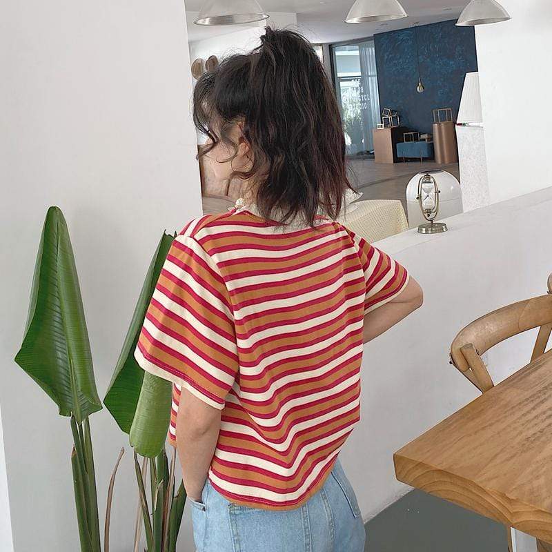 Women's Casual Striped Short T-shirts-Kawaiifashion