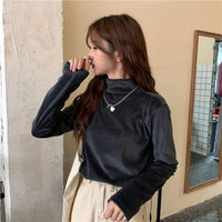 Kawaiifashion Damen-Sweatshirt aus kausalem Samt in reiner Farbe mit hohem Kragen