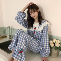 Damen-Pyjama mit quadratischem Kragen und Kirschmuster, kariert, Kawaii-Mode