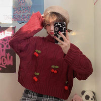 Women's Cherry Turtleneck Loose Knitted Tops-Kawaiifashion
