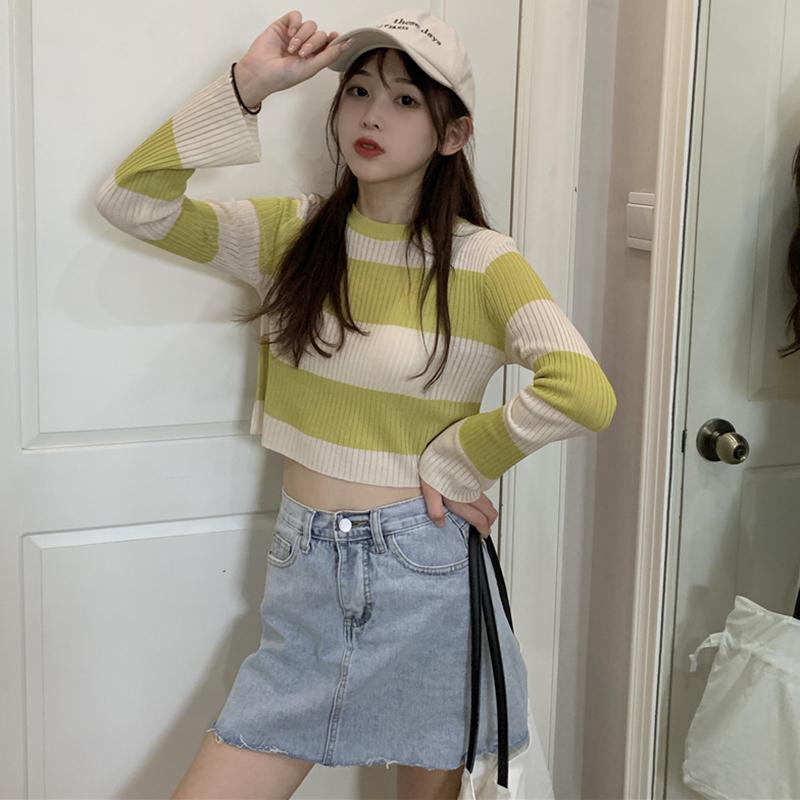 Women's Contrast Color Stripes Long Sleeved Kintted Tops-Kawaiifashion