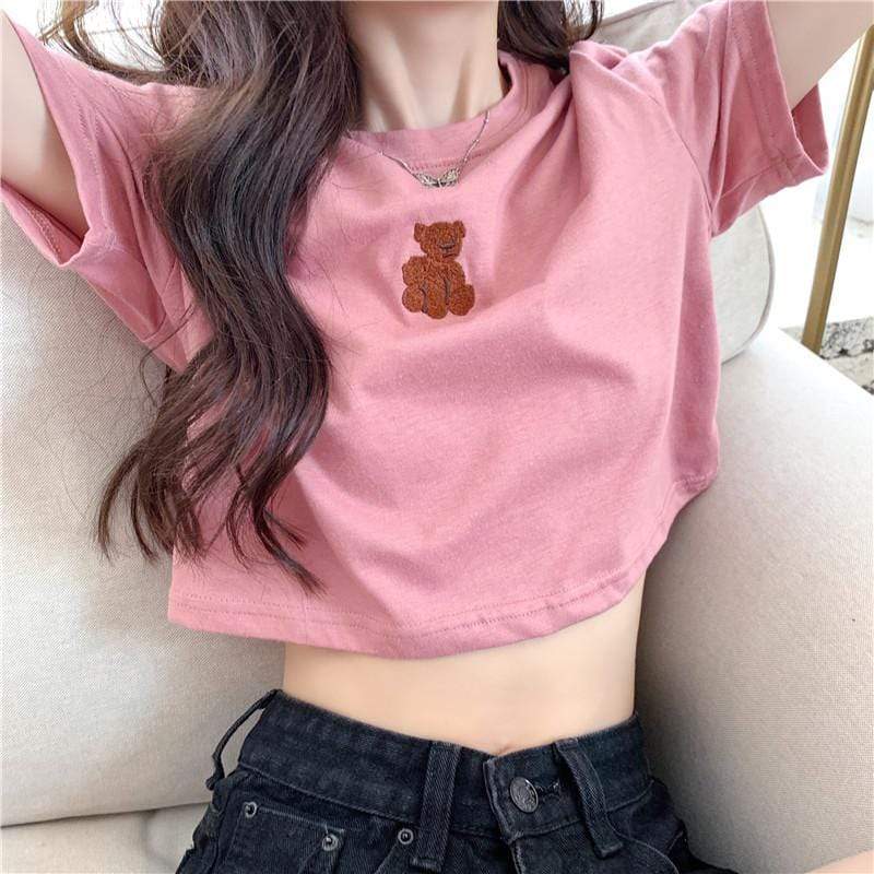 Women's Cute Bear Embroidered Short T-shirts-Kawaiifashion