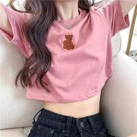 T-shirt corte ricamate con orso carino da donna-Kawaiifashion