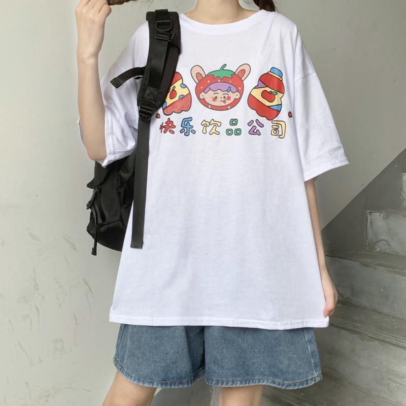 T-shirts longs imprimés de dessins animés mignons pour femmes-Kawaiifashion