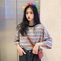 Women's Cute Contrast Color Loose Striped T-shirts-Kawaiifashion