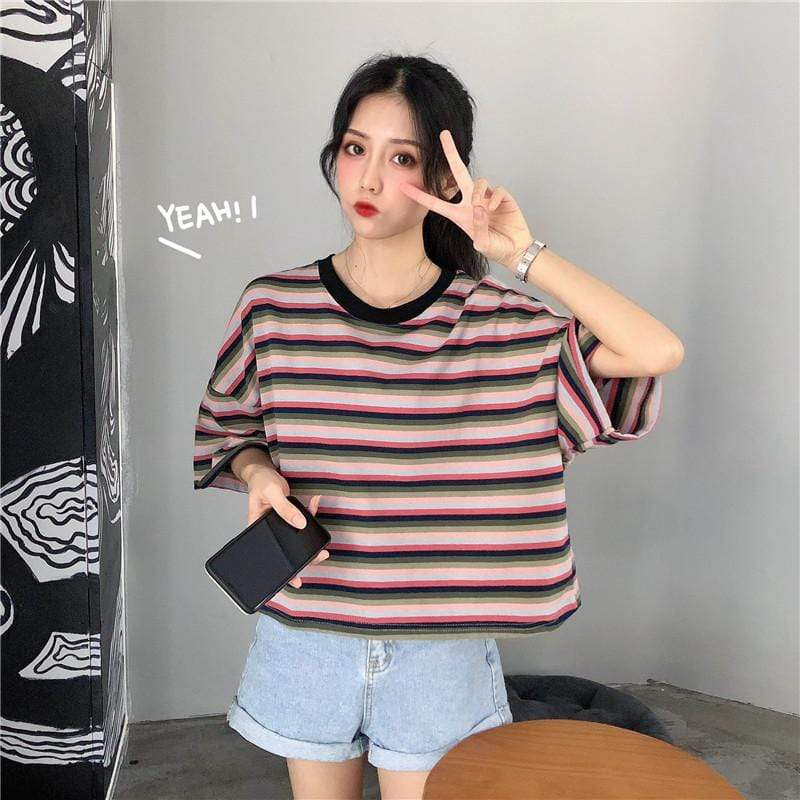Women's Cute Contrast Color Loose Striped T-shirts-Kawaiifashion