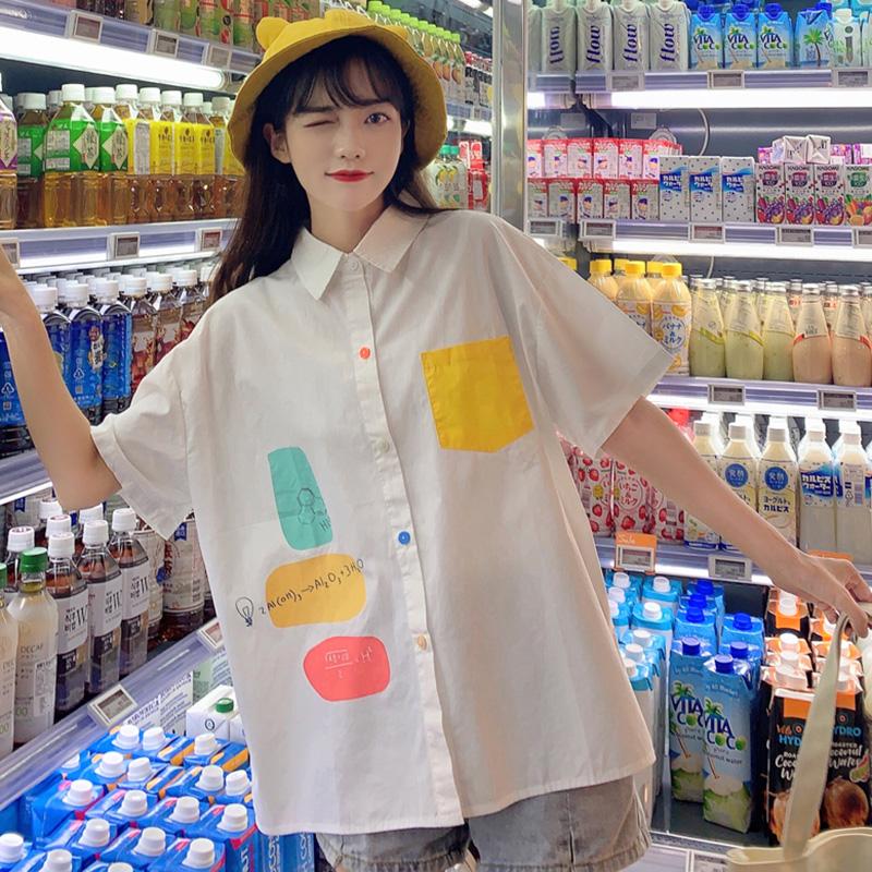 Women's Cute Contrast Color Pocket Short Sleeved Shirts-Kawaiifashion
