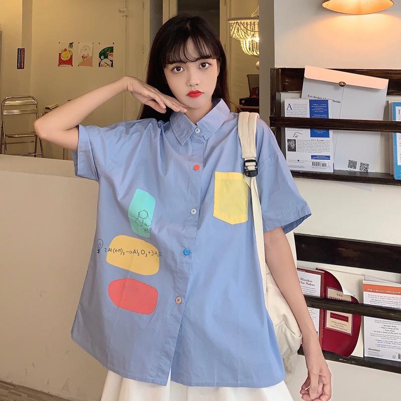 Women's Cute Contrast Color Pocket Short Sleeved Shirts-Kawaiifashion