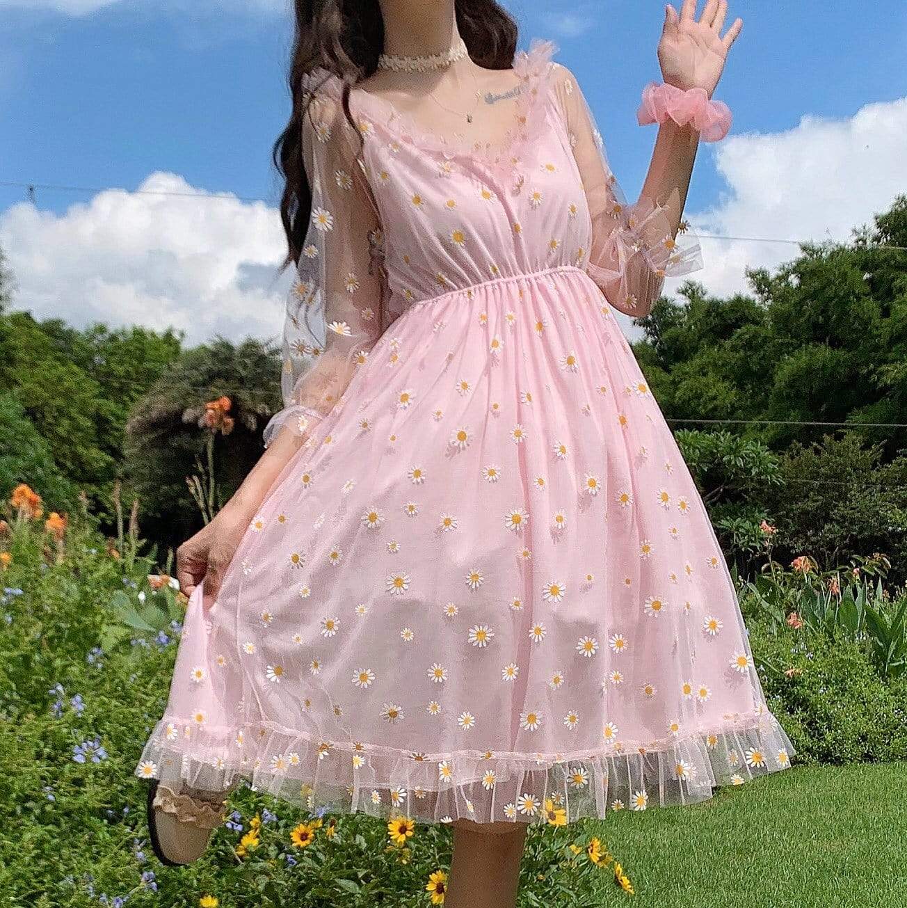 Women's Cute Daisy Printed Mesh Falbala Dresses-Kawaiifashion