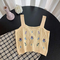 Women's Cute Flower Embroidered Kintted Crop Tops-Kawaiifashion