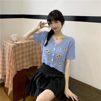 Women's Cute Flower Embroidered V-neck Kintted Shirts-Kawaiifashion