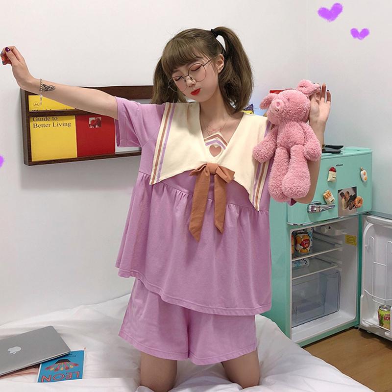 Lindo pijama de manga corta con solapa grande para mujer, un conjunto-Kawaiifashion