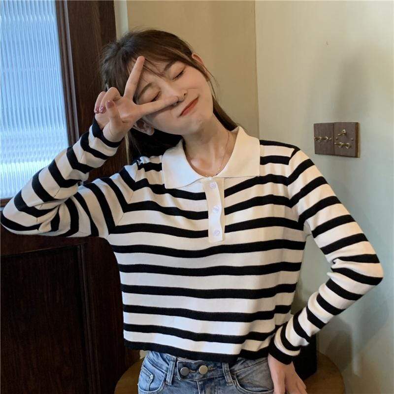 Women's Cute Long Sleeved Striped Shirts-Kawaiifashion