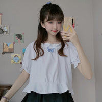 Camiseta con bordado de mariposa y manga abullonada linda para mujer-Kawaiifashion