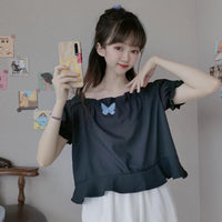 Camiseta con bordado de mariposa y manga abullonada linda para mujer-Kawaiifashion