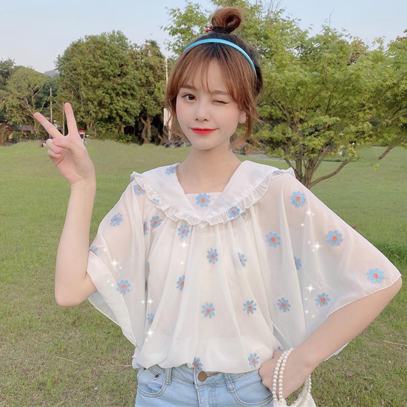 Women's Cute Peter Pan Collar Floral Chiffon Shirts-Kawaiifashion